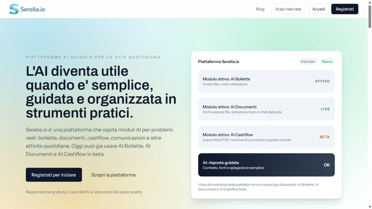 Anteprima dimostrativa dal sito ufficiale di Serelia.io.