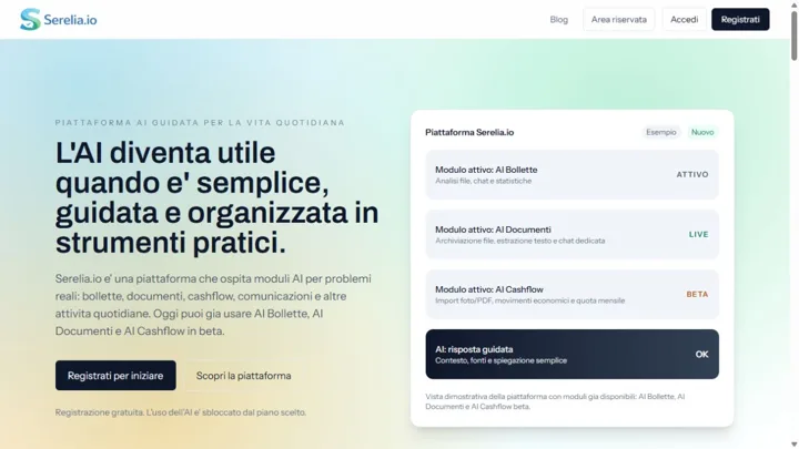 Anteprima dimostrativa dal sito ufficiale di Serelia.io.