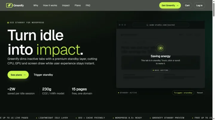 Anteprima della pagina pubblica ufficiale di WP Greenify.